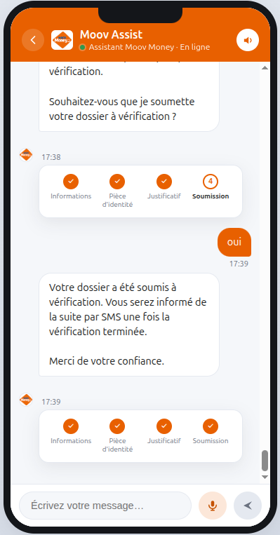 Dossier d'inscription complet soumis à vérification, avec confirmation par SMS annoncée.