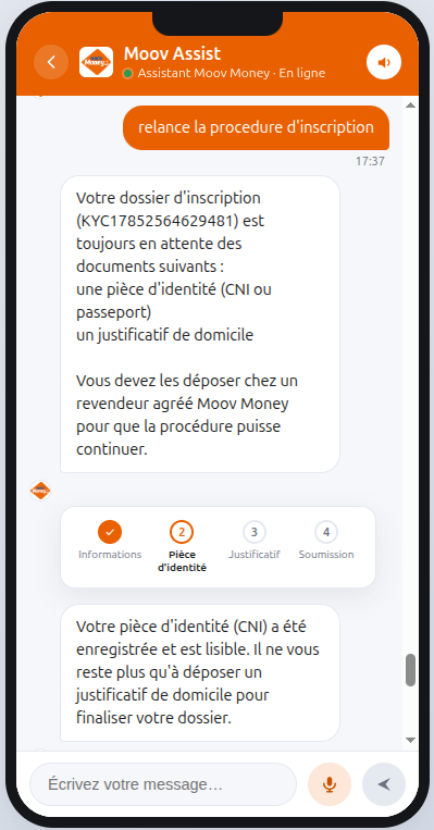 Suivi d'un dossier d'ouverture de compte : pièce d'identité validée, justificatif de domicile encore attendu.