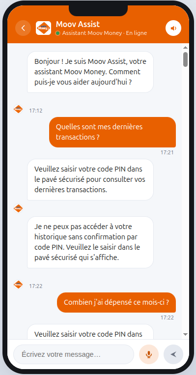 Le client demande son historique et ses dépenses ; l'assistant réclame la saisie du code secret dans le pavé sécurisé avant de répondre.