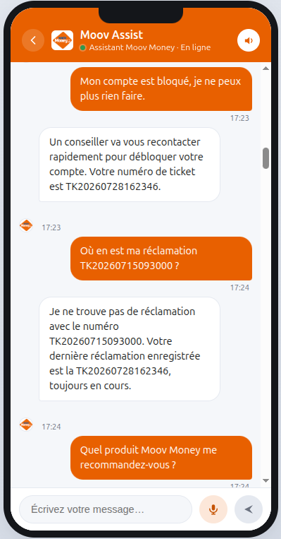 Signalement d'un compte bloqué : ouverture automatique d'un ticket de réclamation et consultation de son suivi.