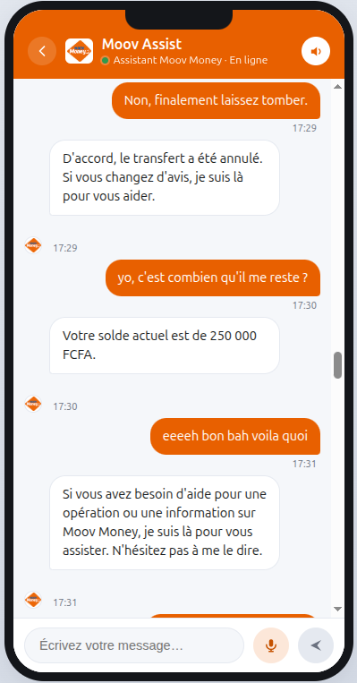 Annulation d'un transfert en cours à la demande du client, puis consultation du solde disponible.