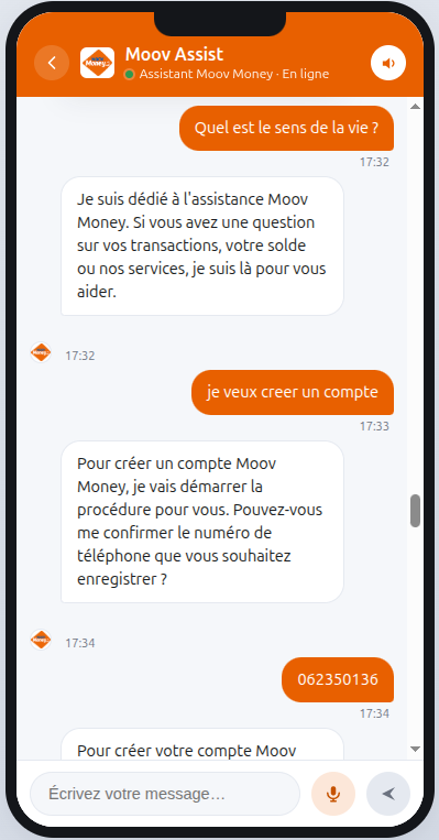Refus de répondre à une question hors sujet, puis démarrage d'une ouverture de compte par le numéro de téléphone.